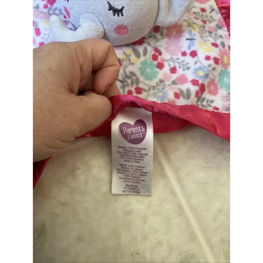 Parent's Choice Elephant Security Blanket Lovey Pink Floral Satin Trim Backing